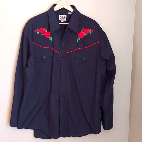 Ely Cattleman Other - Mens Vintage Ely Cattleman Embroidered Rose And Black Cowboy Shirt Size XL